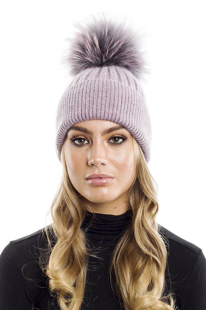 The Soho Mauve Angora Wool Fur Bobble Hat