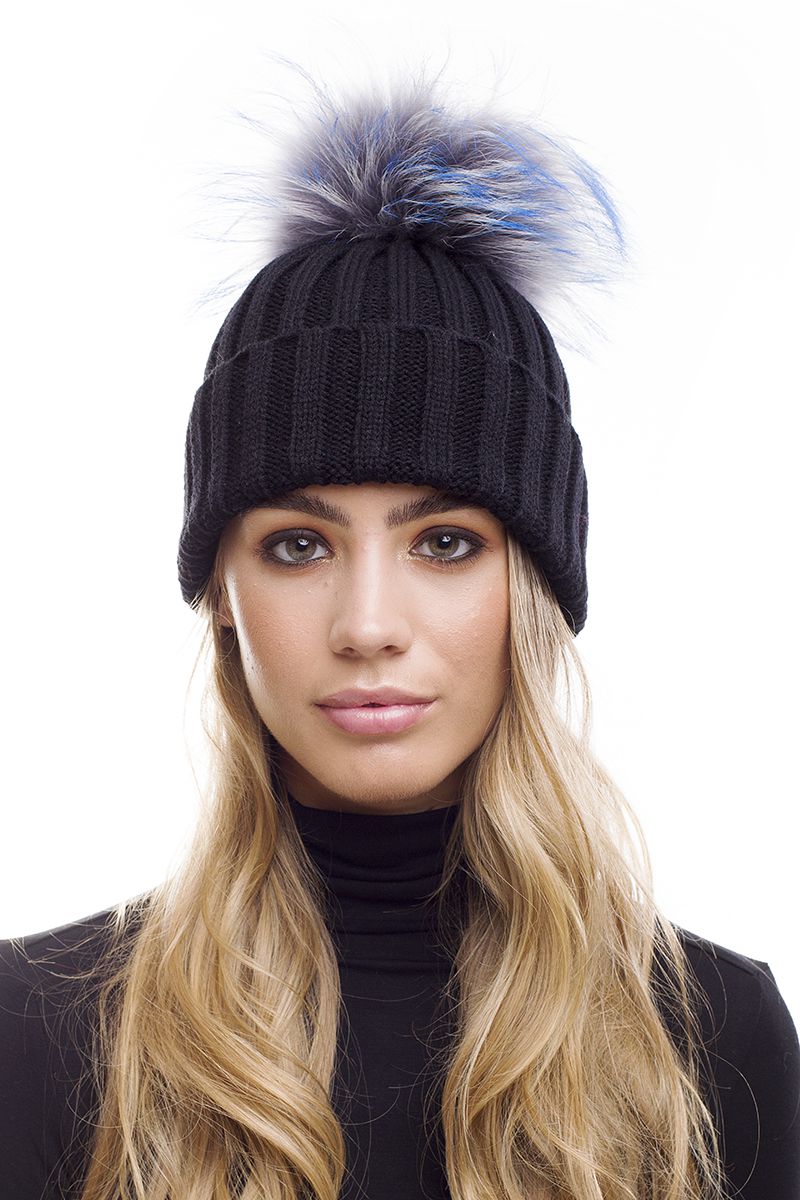The Bexley Ebony Black Rib Knit Fur Bobble Hat Large Pom Pom The Fur Bobble Shop