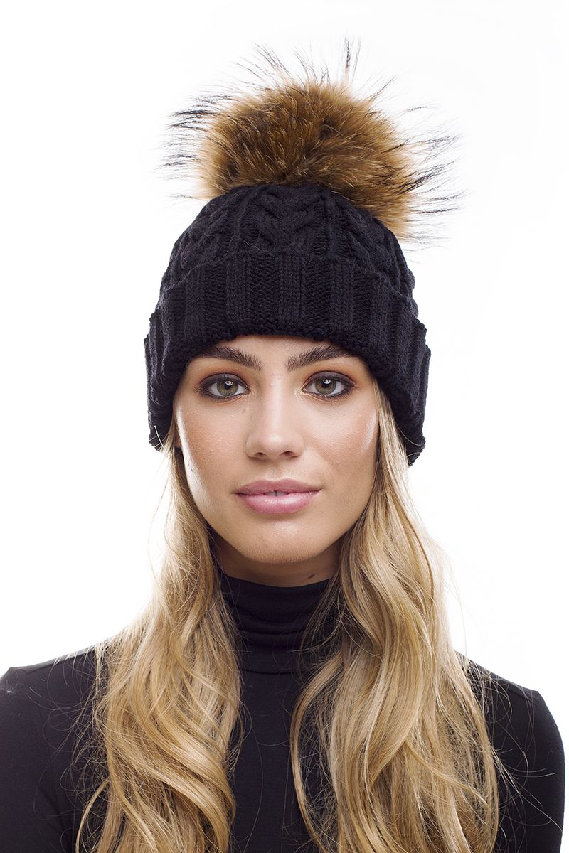 Black fur bobble hat hotsell