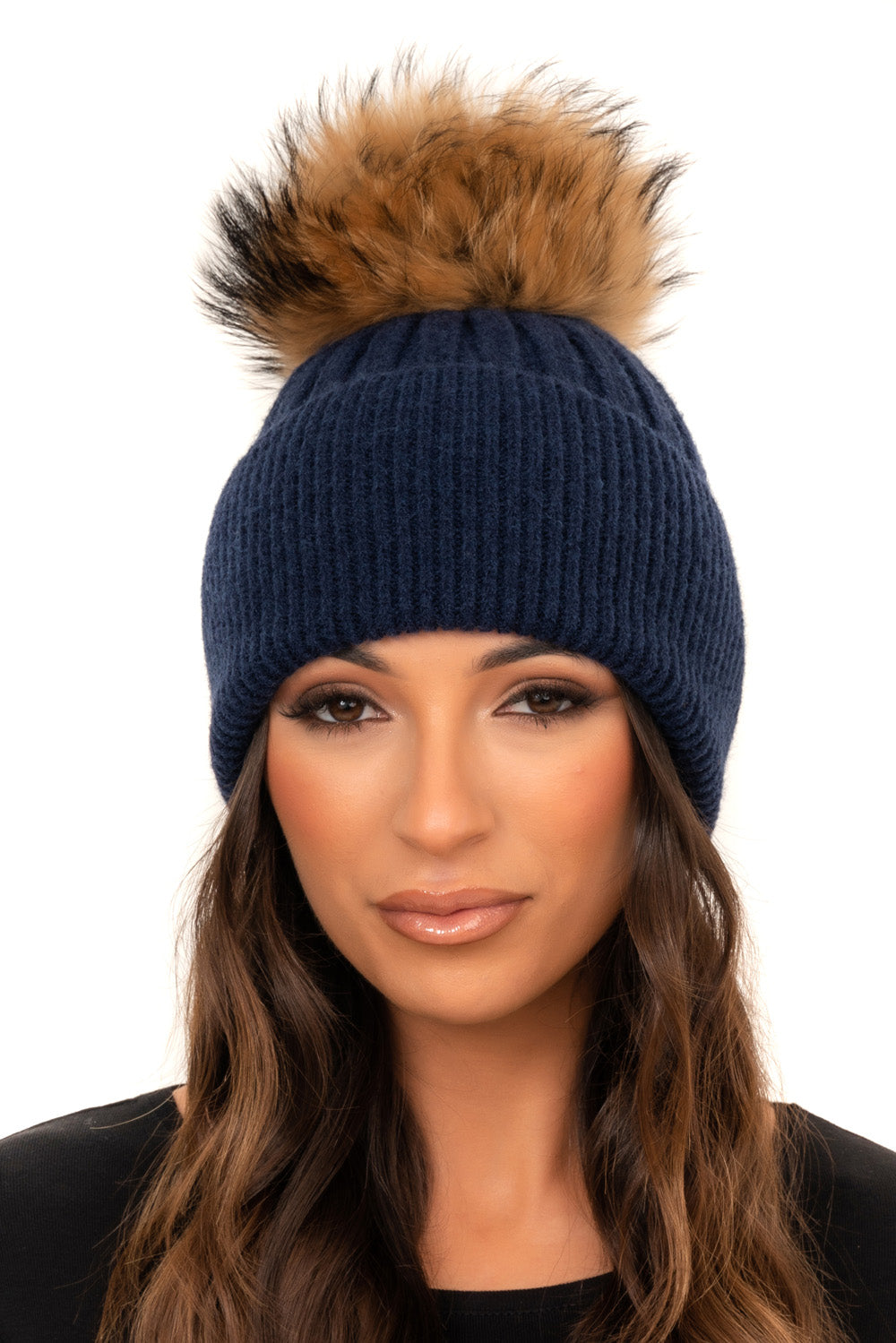 The Camden Navy Blue Wool Rib Knit Fur Bobble Hat The Fur Bobble Shop